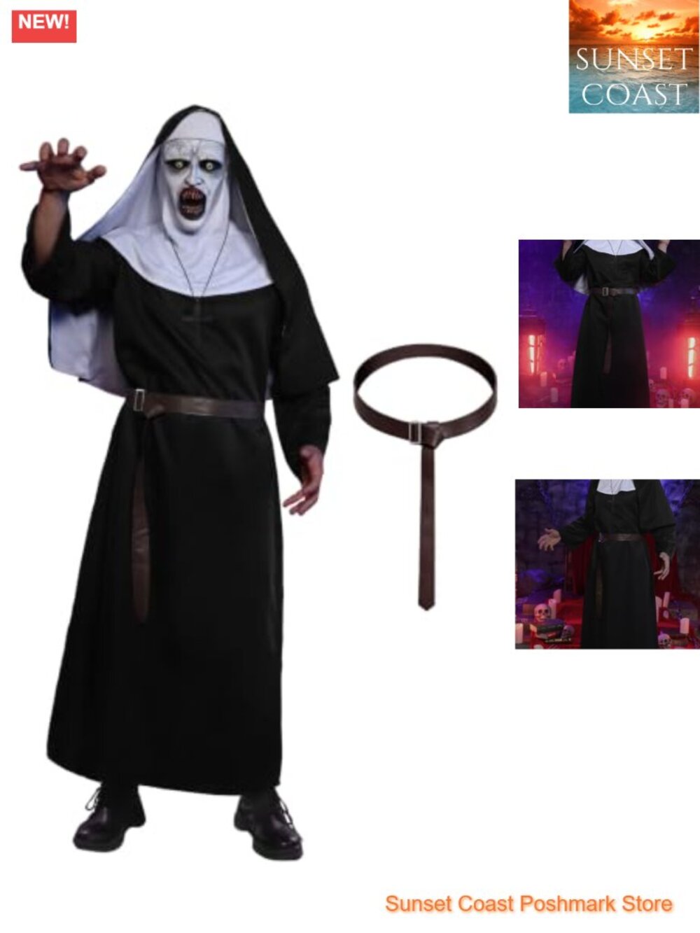 Men's Gothic Nun 4 Piece Halloween Costume Robe Mask Belt Necklace Set